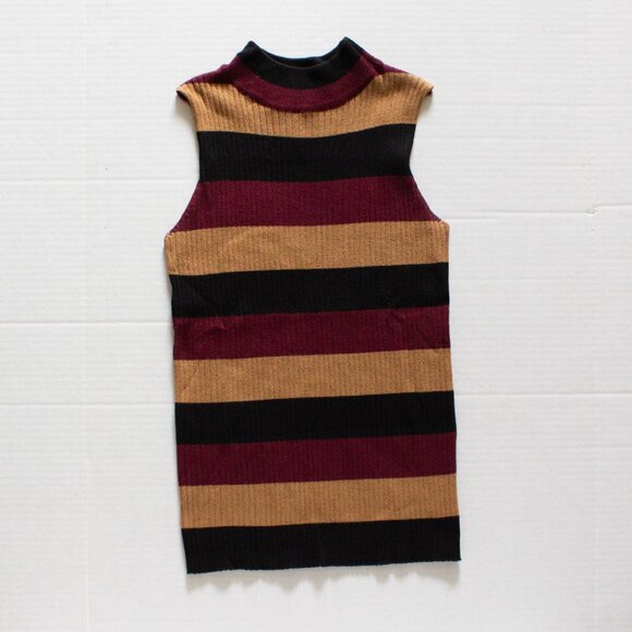 Questions? - Ribbed Knit Sleeveless Striped Mock Turtle Neck Sweater - Womens M - Picture 3 of 3